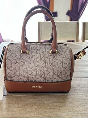 Calvin Klein Brown Monogram Mini Satchel with Tan Trim